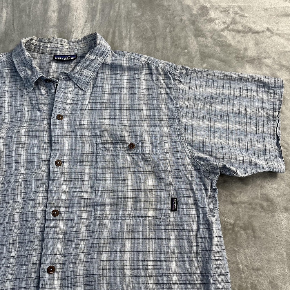 Patagonia Shirt Mens Large Blue Check Woven Short Sleeve Button Up Casual Summer